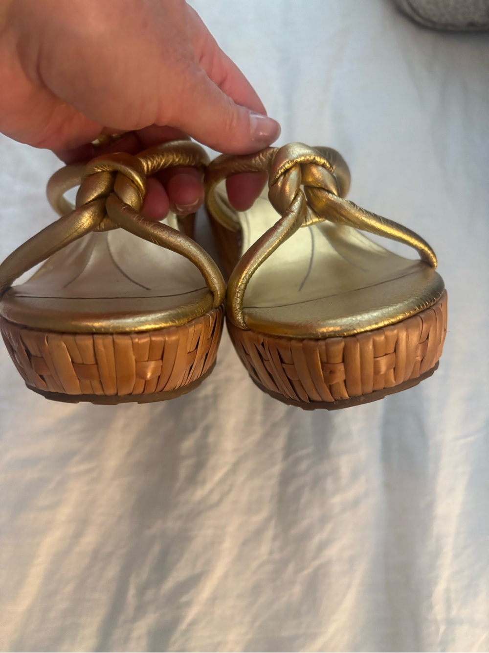 kate spade Metallic Gold Knot Wedge Sandals 10 - Picture 4 of 6